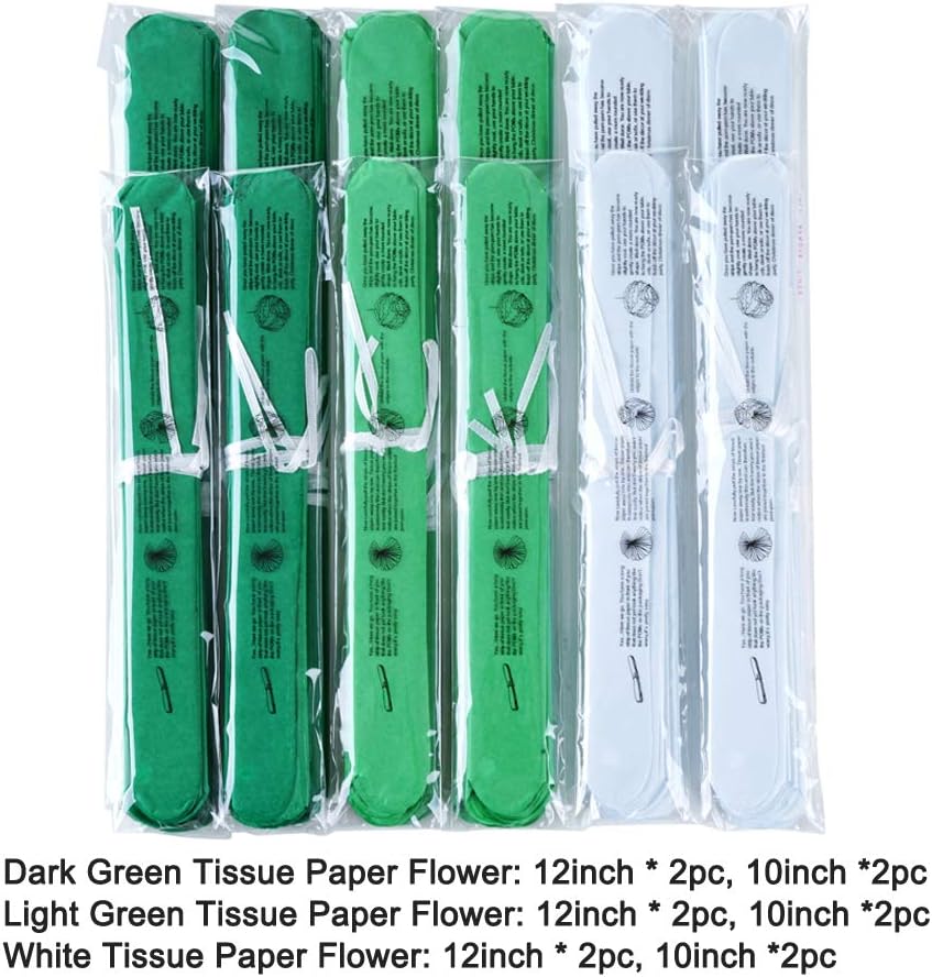 Mowo Green Paper Flower Tissue Pom Poms - Party Supplies (Dark, Light Green, White, 12pc)