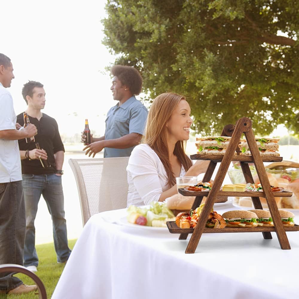 Manspdier Wood 3 Tier Serving Tray Three Tiered Serving Stand, Rectangle Serving Platter Wooden Farmhouse Tiered Tray, Party Serving Brown decorative tray tray decor
