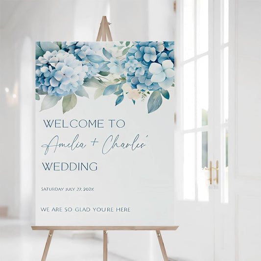 Wedding Welcome Sign With Blue Hygrangeas, Blue Hydrangea Wedding