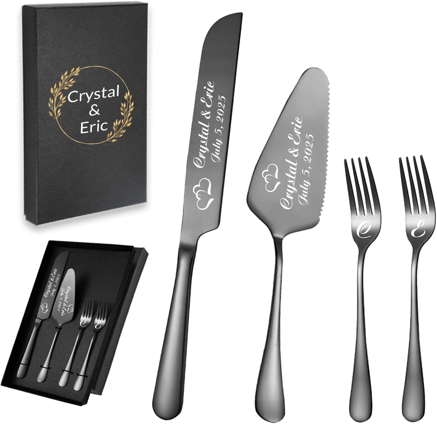 Personalized Wedding Cake Knife and Server Set, Custom Names Cake Cutting Set with Stainless Steel Forks, Customized Bridal Anniversary Birthday Wedding Registry Gifts (Black)