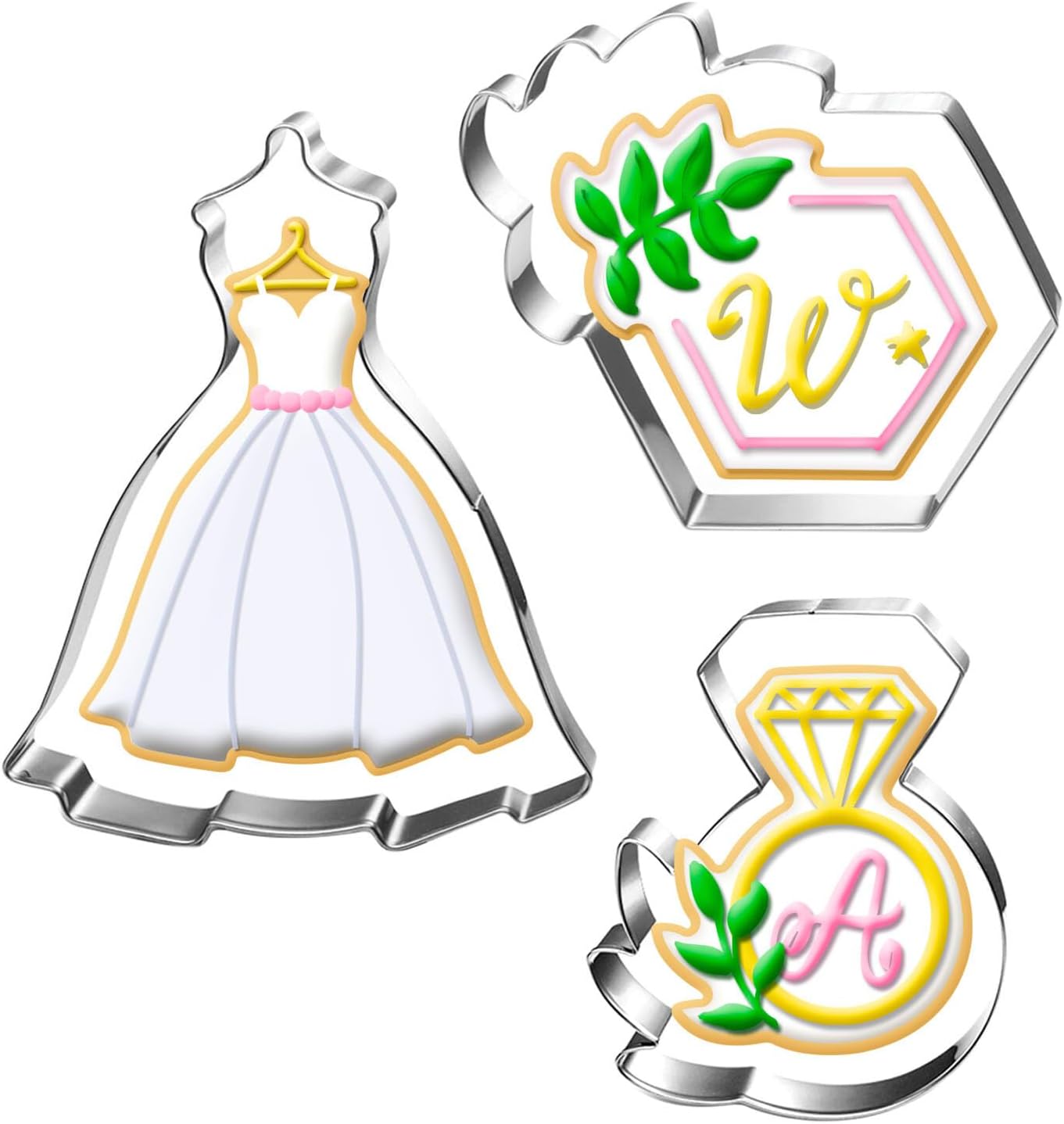 New Green Wedding Cookie Cutter Set-3 Pieces-Wedding Dress, Diamond Ring, Hexagon Cookie Cutter with Leaf-Dishwasher Safe Fondant Cookie Cutters