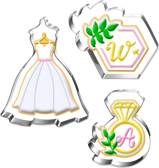 New Green Wedding Cookie Cutter Set-3 Pieces-Wedding Dress, Diamond Ring, Hexagon Cookie Cutter with Leaf-Dishwasher Safe Fondant Cookie Cutters