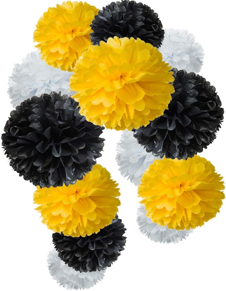 Paper Flower Tissue Pom Poms Bee Party Supplies (Black,Yellow,White,12pc)