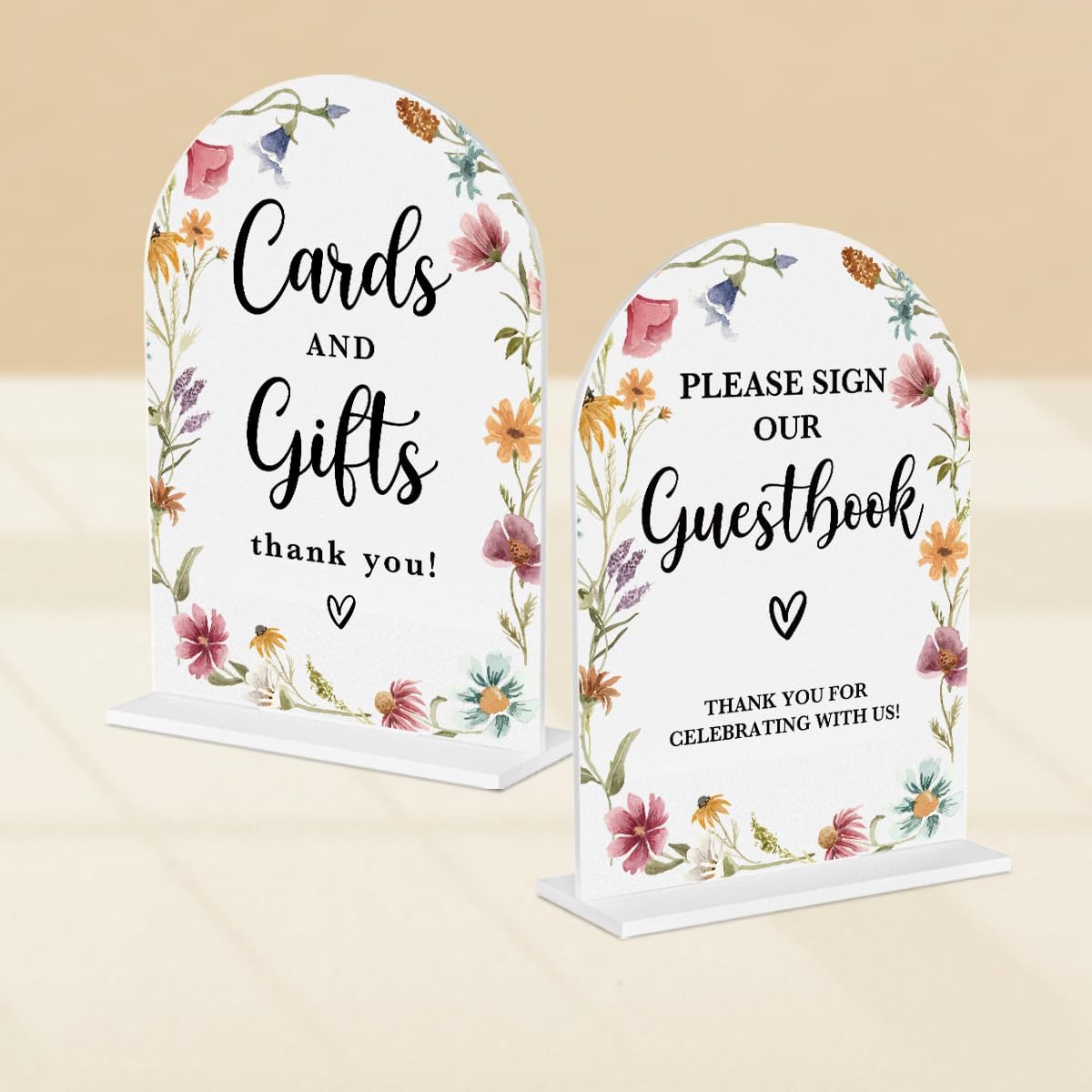 2 Pcs Acrylic Wedding Signs for Reception, Bridal Shower Decorations, Cards and Gifts Signs, Guest Book Sign, Arch Acrylic Table Top Sign with Holder for Wedding Reception (White Wildflowers)
