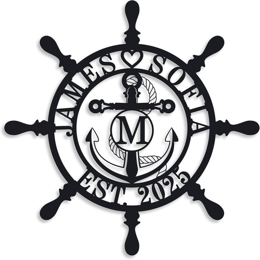 Personalized Ship Wheel Metal Sign, Customized Nautical Wall Decor, Anchor Compass Metal Sign, Family Name Sign, Monogram Wall Decor, Last Name Signs for Home, Housewarming Gift