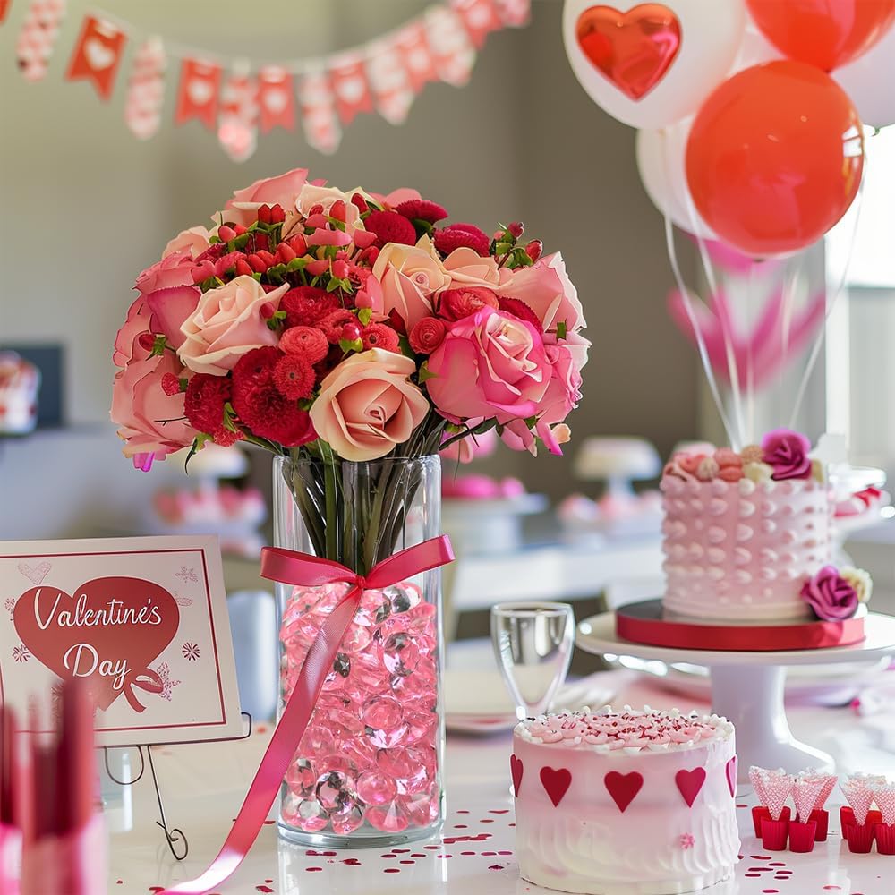 HappyFiller 250 PCS Pink Acrylic Crystals Gems 20 mm Fake Diamonds Party Favors Confetti Wedding Reception Decorations Table Scatter Poppers,Arts Crafts,Vase Fillers,Diving Pool Treasure Jewels