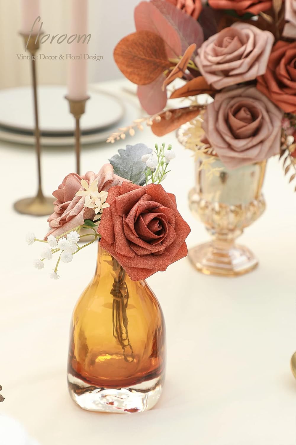 Floroom Artificial Flowers 25pcs Real Looking Burnt Orange & Warm Taupe Foam Fake Roses with Stems for DIY Wedding Bouquets Bridal Shower Centerpieces Floral Arrangements Party Tables Home Decorations