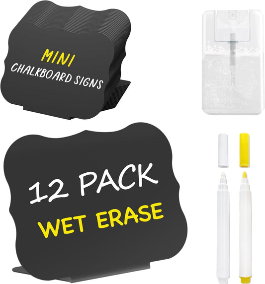 PigPotParty 12 Pcs Food Labels for Party Buffet w/Cleaning Spray, 4"x3" Mini Chalkboard Signs Include 2 Liquid Chalk Markers for Food Display - Food Tags- Table Palce Card (Waved Shape)