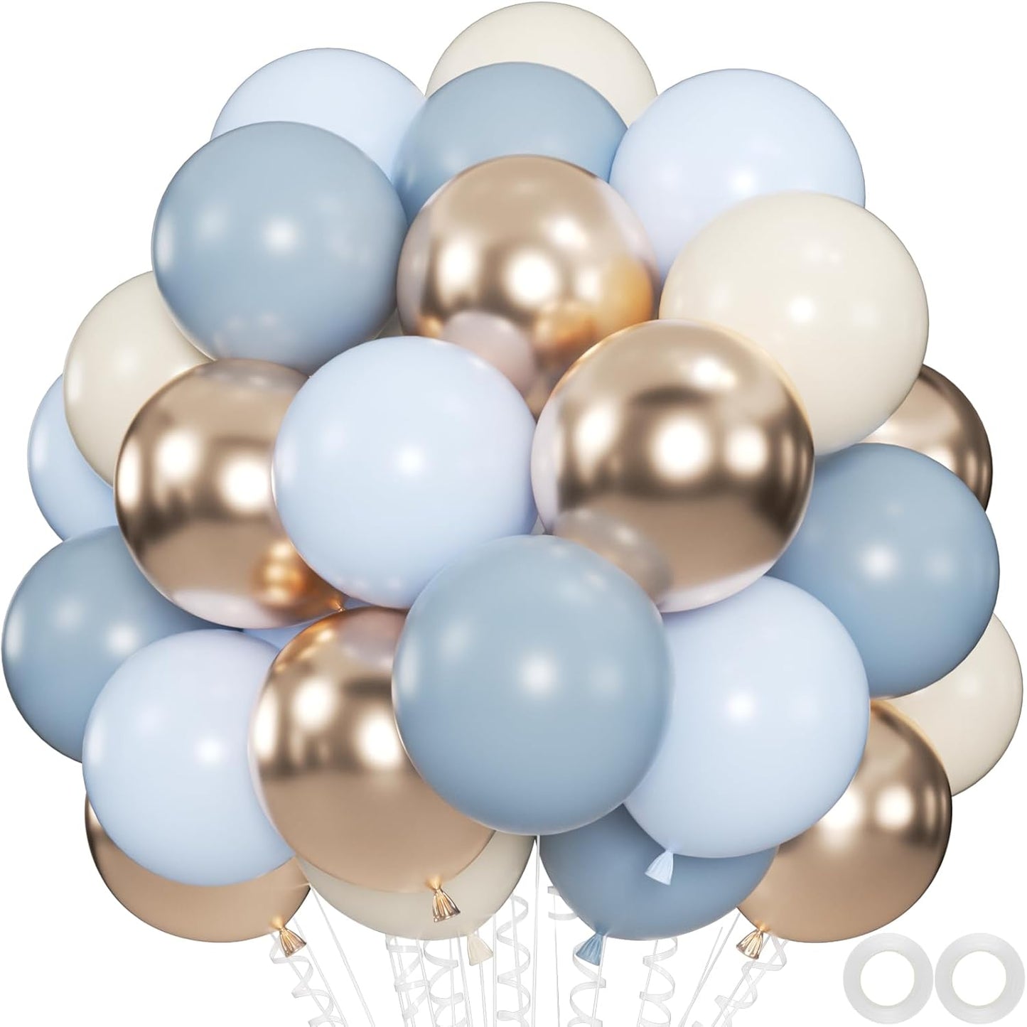 100pcs Dusty Blue and Gold Balloons, 12 Inch Haze Blue Sand White & Metallic Champagne Gold Balloons for Baby Shower Boho Wedding Bridal Shower Party Supplies (66ft Ribbons)