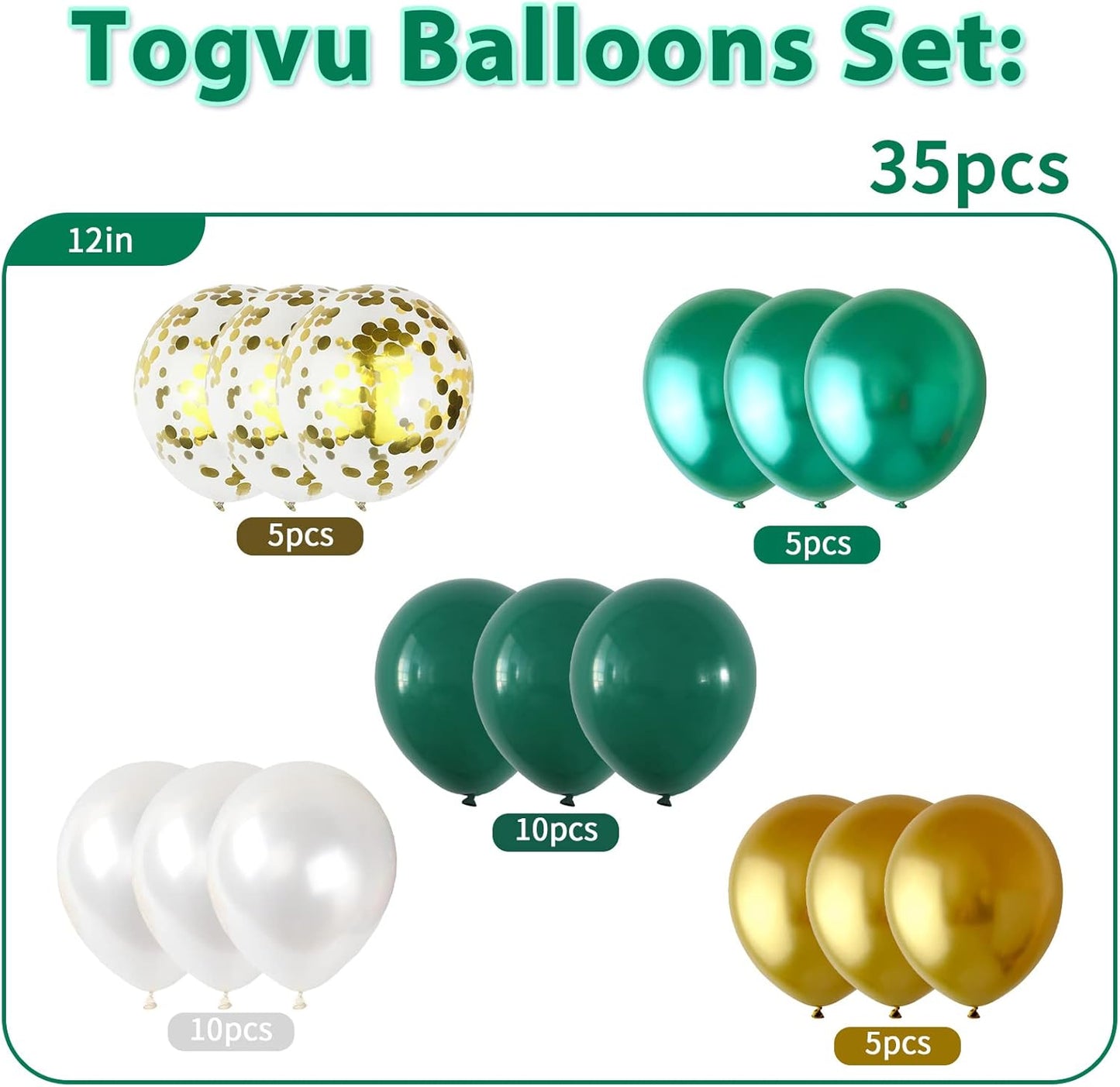 Balloons Green Gold White, 35pcs Dark Green White Metallic Chrome Green Gold Confetti Latex Balloons, Green Party Balloons Kit for Jungle Safari Dinosaur Birthday Party Wedding Baby Shower Decorations