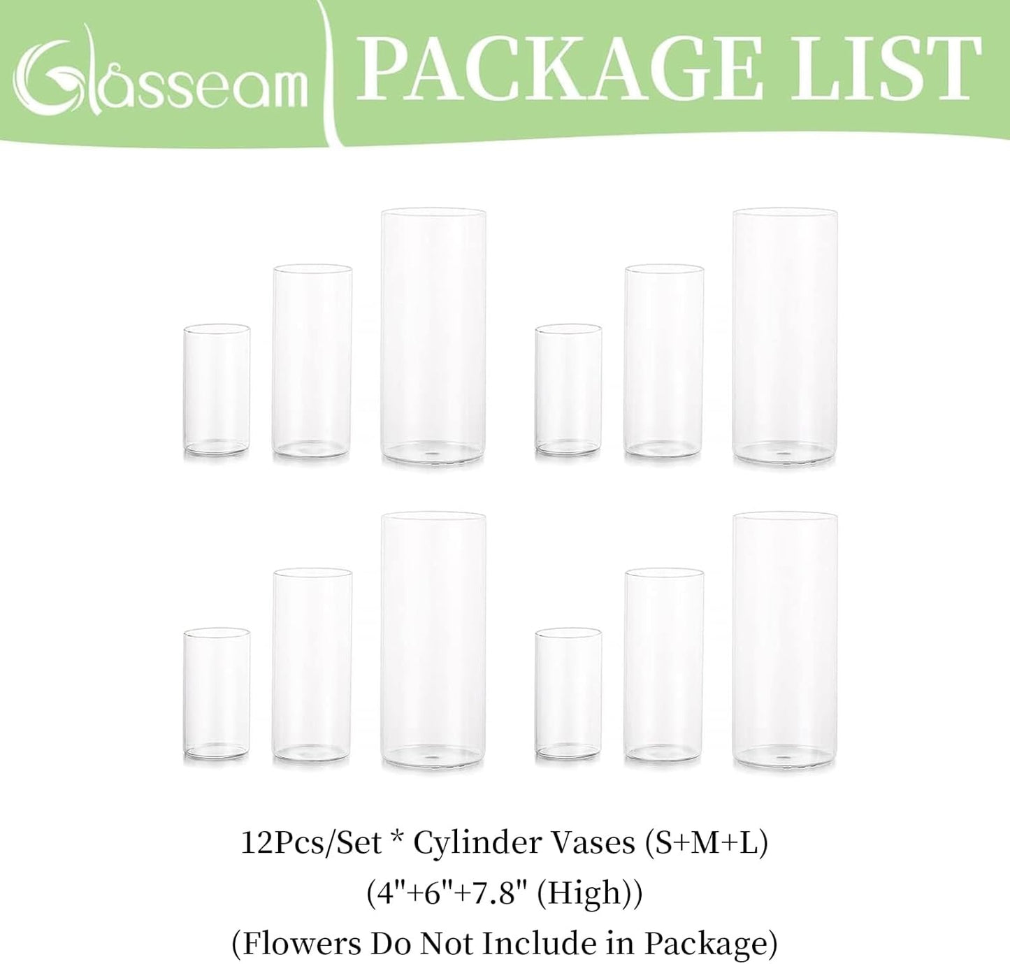 Glasseam Cylinder Vases Set of 12, Hurricane Candle Holder Clear Different Sizes, Modern Glass Cylinder Vase, Glass Vases for Centerpieces for Home Decor Wedding Centerpieces, Events, 4''+ 6''+7.8''