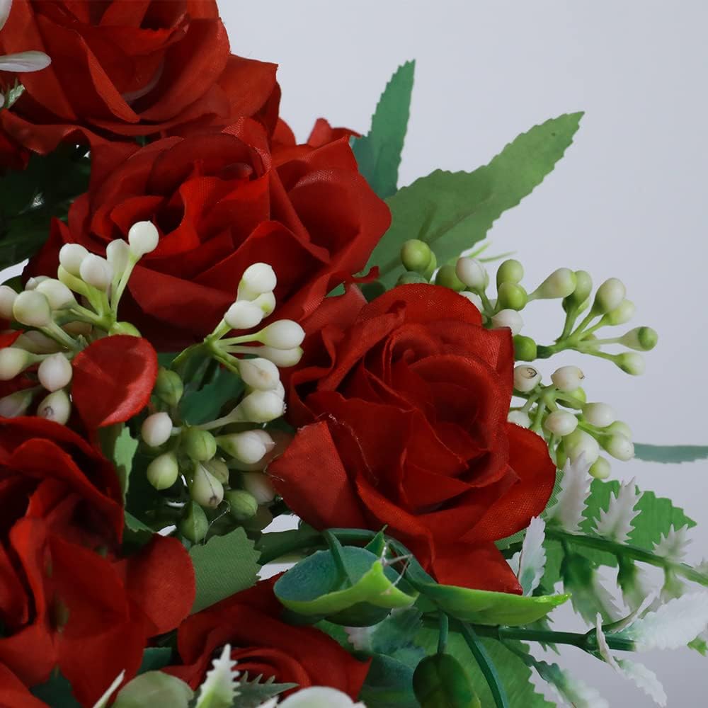 LESING Artificial Rose Silk Hydrangea Flowers Bouquets with Vase Rustic Fake Flowers for Home Decoration Table Centerpiece (Claret Red)