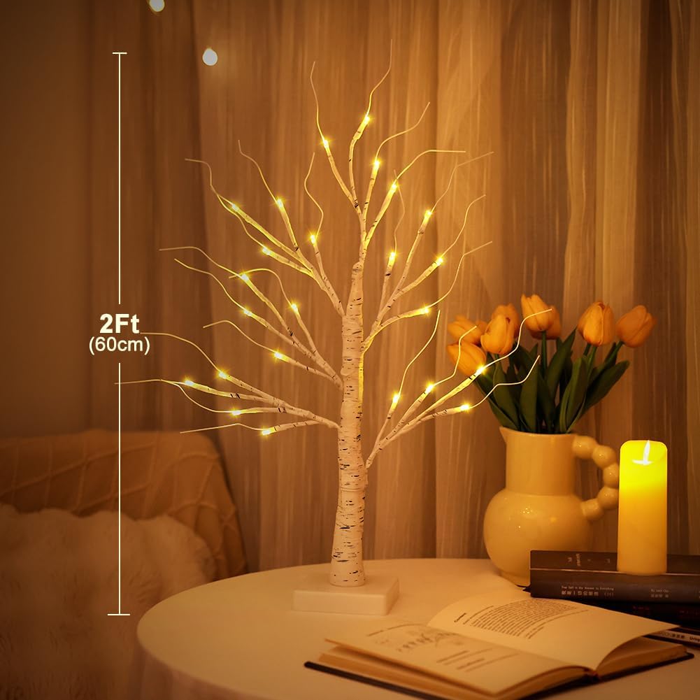 2FT Lighted Birch Tree,Christmas Decorations for Indoor,Table Top Christmas Trees with Lights,Dual Power USB or Battery,Lighted Tree for Winter Holidays Halloween Wedding Decor Set of 2