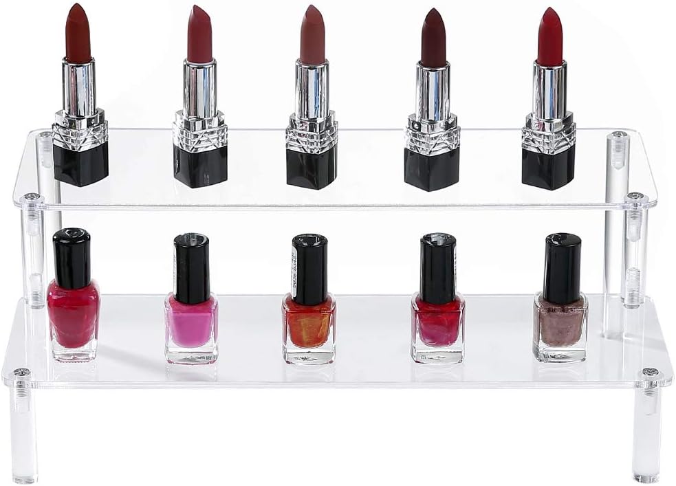 BYCY Acrylic Clear 2-Tier Riser Display Shelf for Figures, Desserts Holder, Collections Organizer and Cosmetic Items Shelf (12" x 6.9" x 4.25")