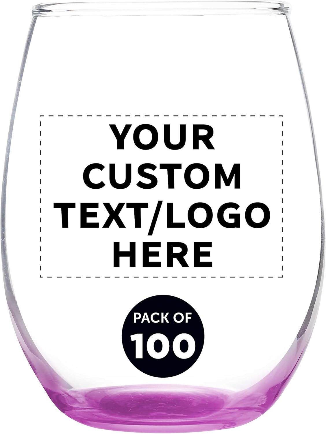 Custom Stemless Wine Glass 9 oz. Set of 100, Personalized Bulk Pack - Great for Wedding Favors, Bachelorette Party Decorations, Party Favors, Color Bottom - Pink