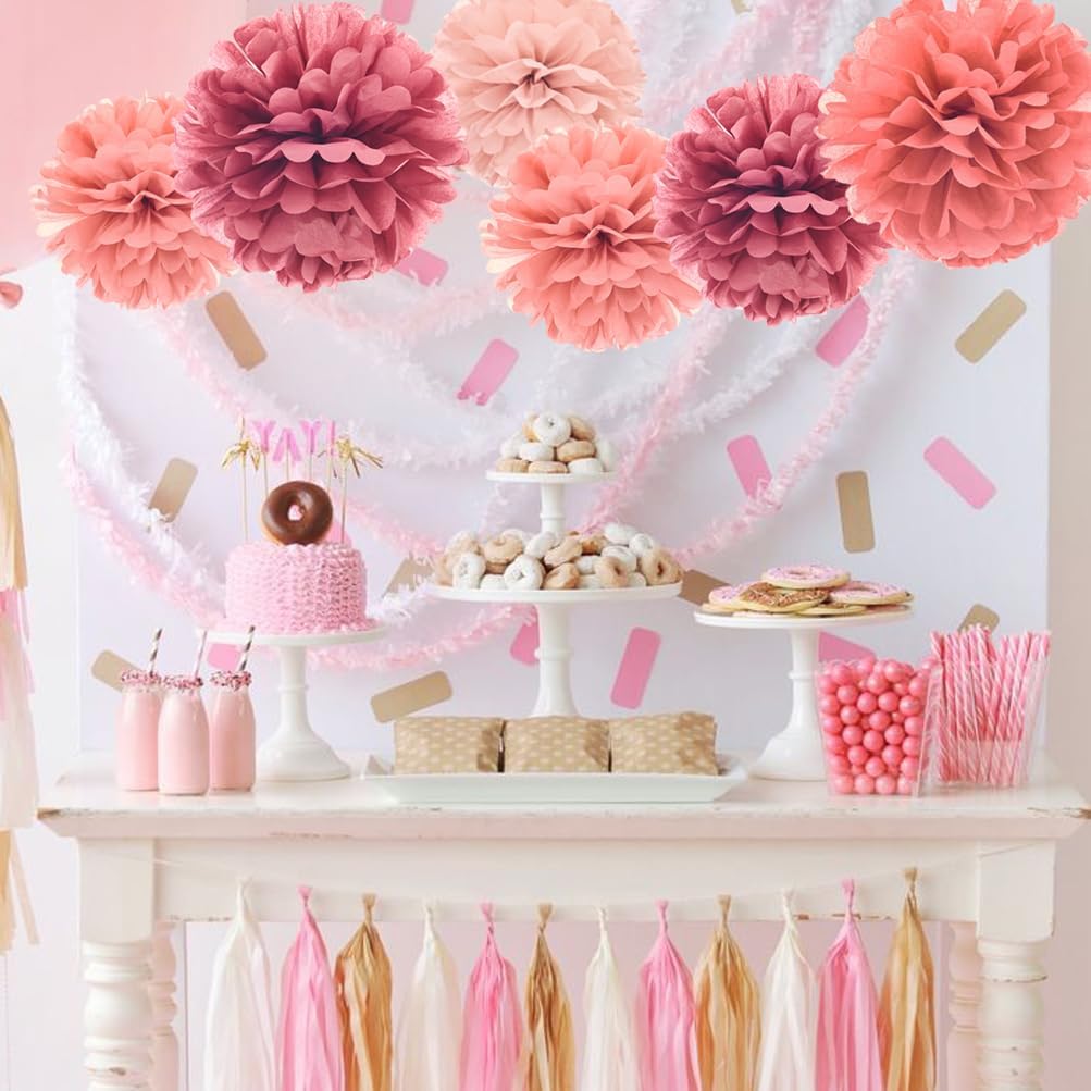 Dusty Rose Blush Pink Mauve Tissue Paper Pom Poms Flower for Baby Shower Valentine's Day Birthday Wedding Bachelorette Party Decoration, 12pc