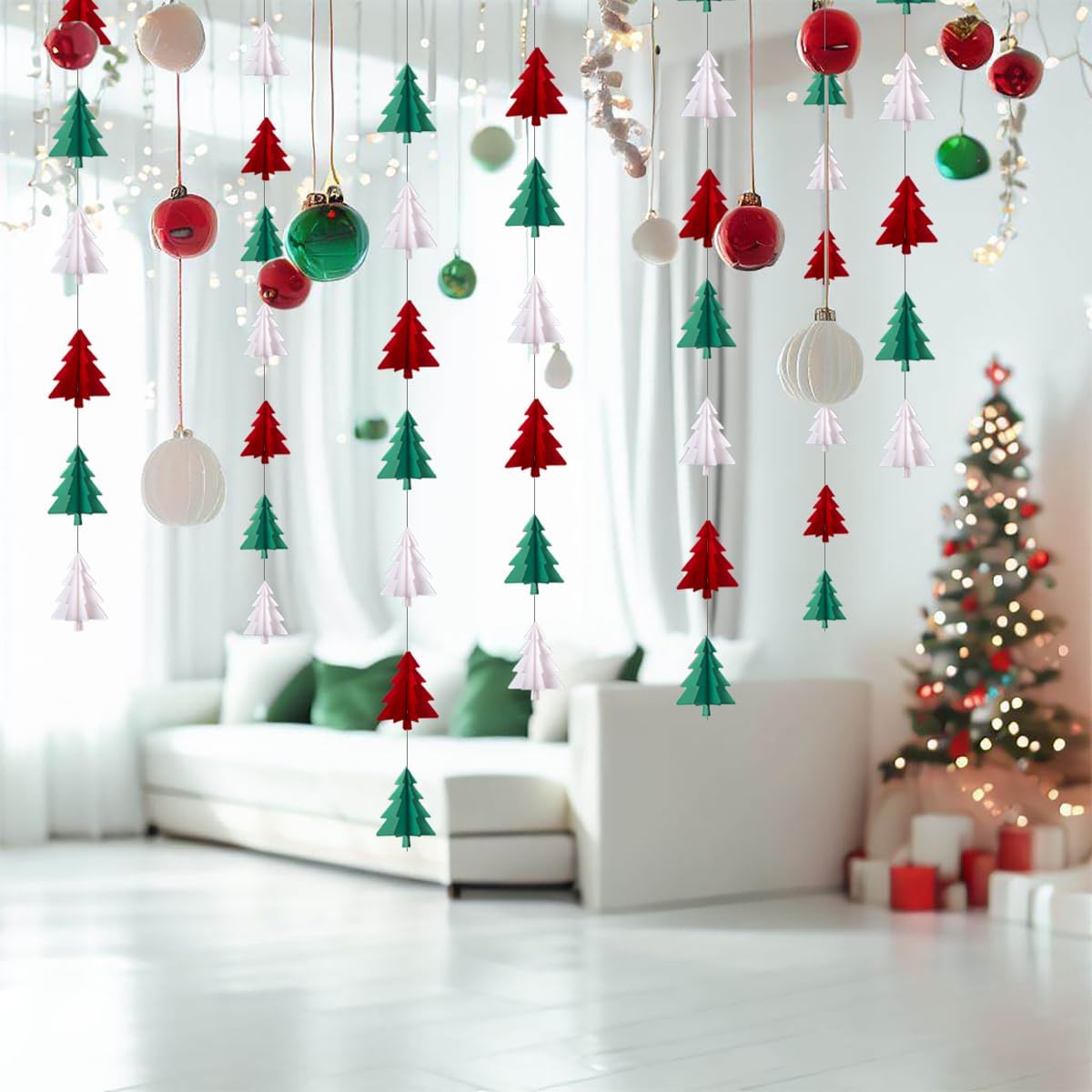 Red White Green Christmas Decorations - 23pcs Tissue Paper Flowers Pom Poms Tassel Garland Banner 3D Christmas Tree Paper Streamers Birthday Party Decorations For Home Indoor Outdoor Hanging Decor