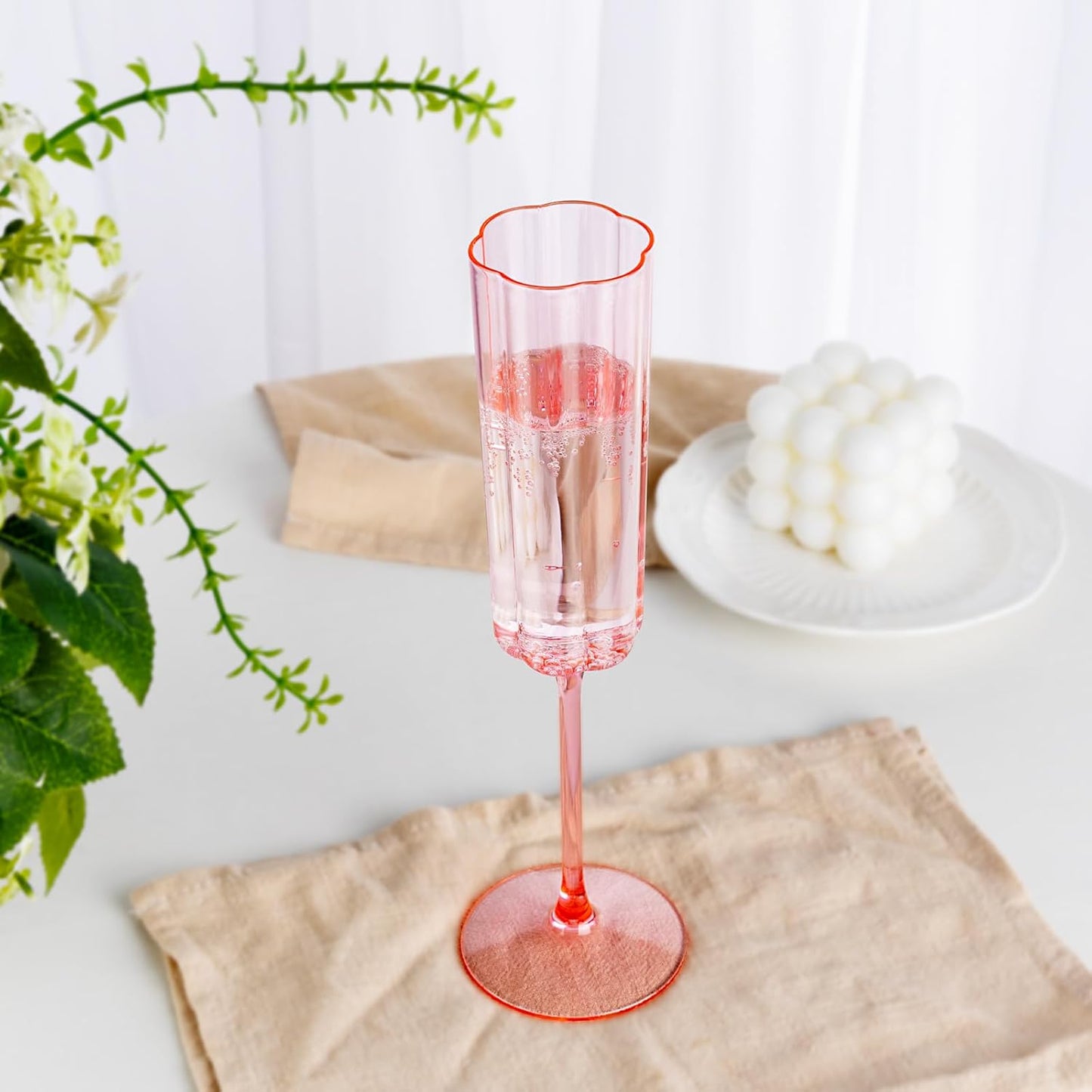 Ciaell 24 Pack Pink Plastic Champagne Flutes - 6 Oz Flower Wavy Champagne Glasses - Heavy Duty Vintage Disposable Glassware for Party & Anniversary & Wedding