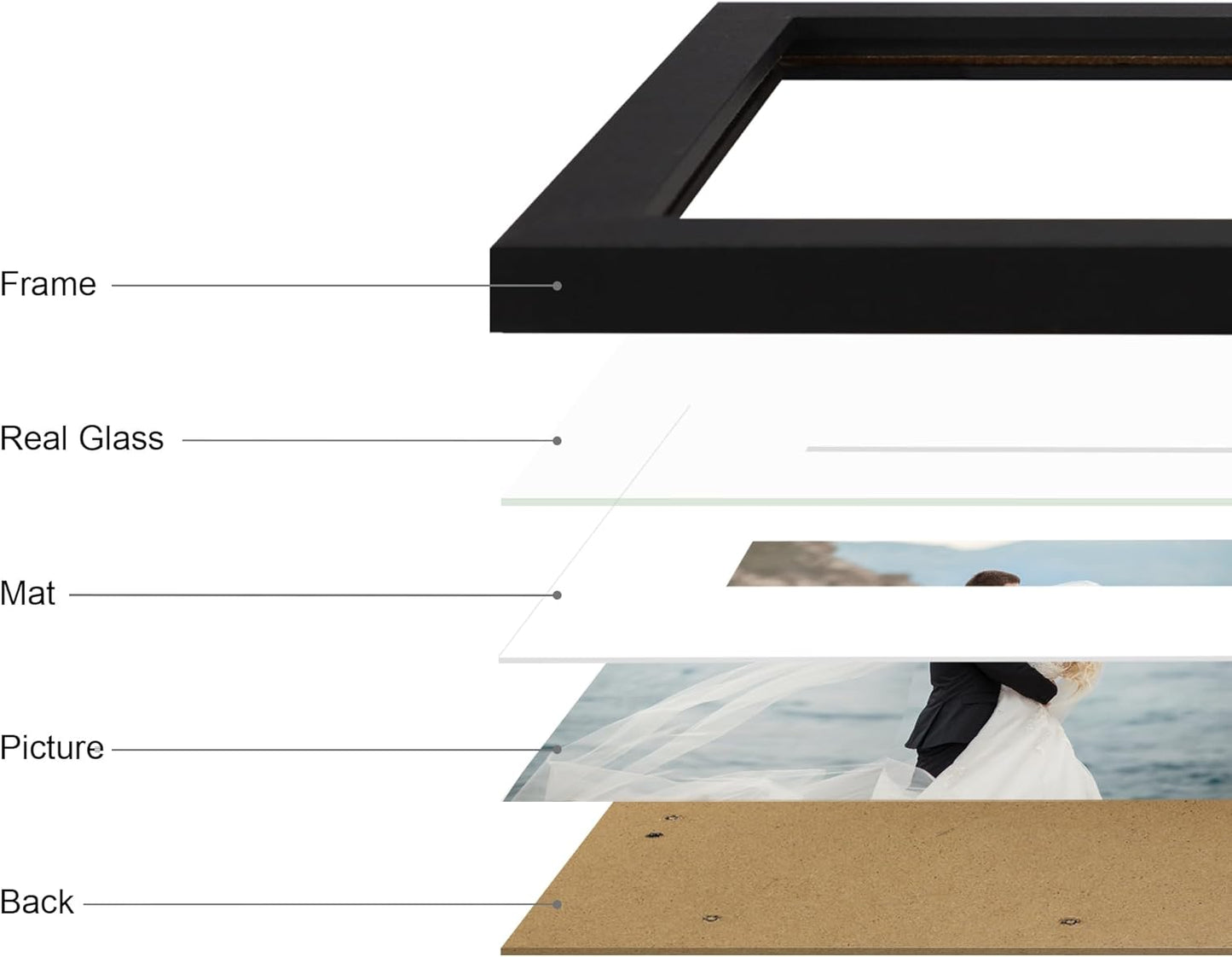 8x12 Picture Frame Set of 4 with HD Glass, Black Frame Display 6x8 Picture with Mat or 8 x 12 Without Mat, Wood Rustic Photo Frame for Tabletop and Wall Mounting