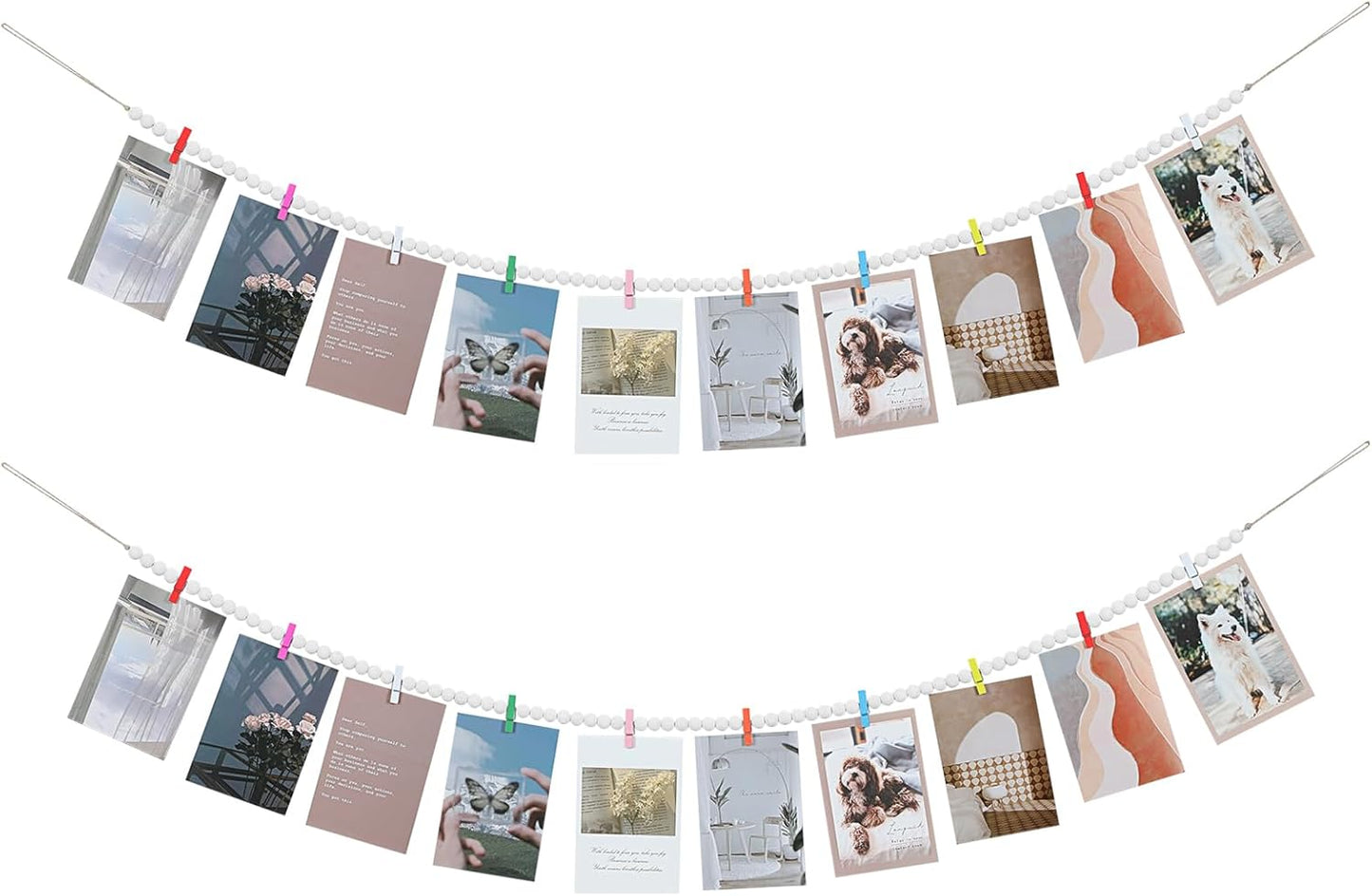 Hanging Photo Display with Clips, Boho Wooden Bead Garland Collage Picture Frame Wall Decor, Photo String with 10 Different Random Colors Wood Clips for Bedroom Room Decor, Christmas Teen Girls Gifts