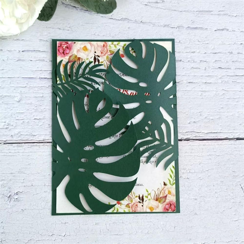 MillaSaw Emerage Green Laser Cut Invitation, Plame Wedding Laser Cut Jacket for 5x7 Card, Tropical Scene Wedding Invitation (emerage green)
