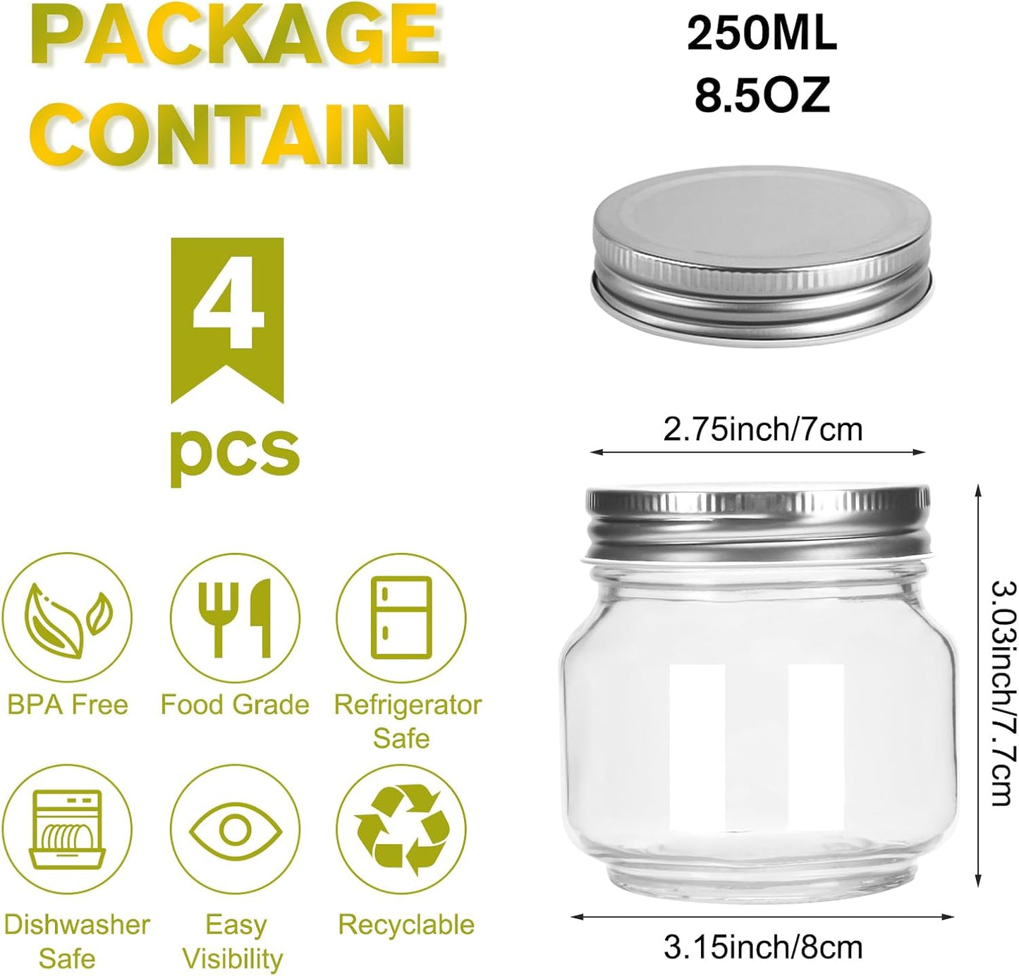 Glass Mason Jars, 4 Pack 8.5oz Clear Glass Regular Mouth Canning Jars with Lids for Sealing, Ideal for Food Storage, Snacks, Candies, Jam, Honey, Wedding Favors, Shower Favors, DIY Projects