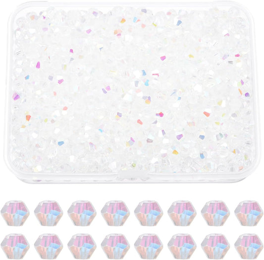PATIKIL 1000pcs 4mm Bicone Glass Crystal Beads, Faceted Glass Spacer Beads with Box for Jewelry Making Bracelet Necklace Earrings DIY Suncatcher Craft, White AB
