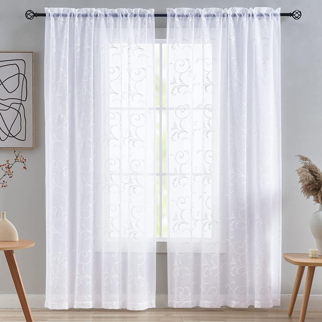 Floral Embroidery Sheer Curtains White 84 Inch Length, Rod Pocket Vintage Voile Drapes for Living room, Bedroom,Semi Crinkle Curtain Panels for Patio, Villa, Set of 2, 52"x 84". (52"Wx84"L, White)