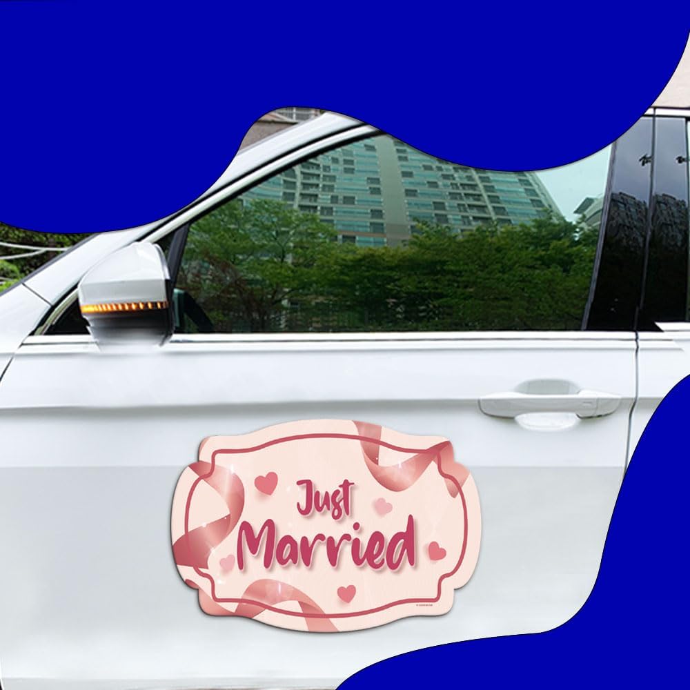 GEEKBEAR Just Got Married Car Magnet (2 Pack) - 13 x 8.7 in (Pink Ribbon)