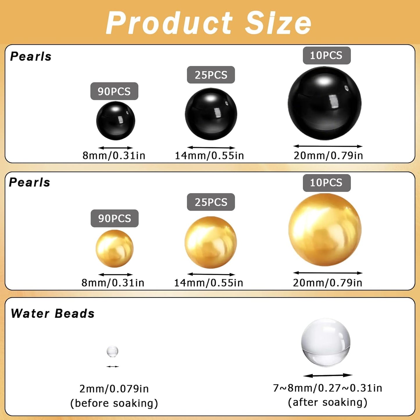 Floating Pearls for Centerpieces Vases, 250PCS Black Gold No Hole Fake Pearl Beads and 4000PCS Water Beads for Vase Filler Floating Beads for Wedding Party Decoration (Black Gold 8/14/20mm)