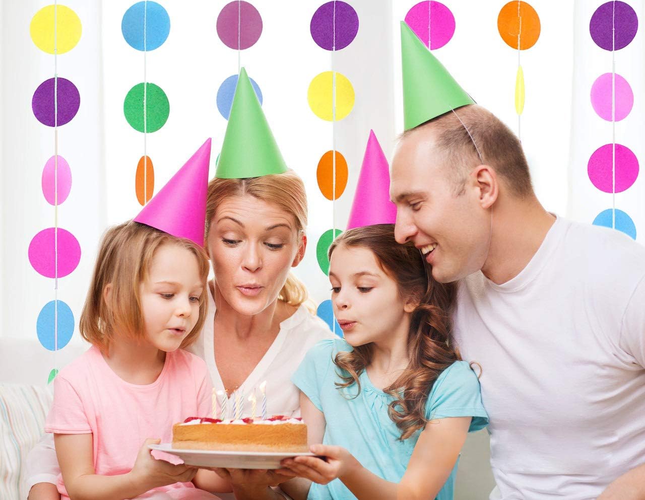 MerryNine Paper Garland 5 Pack, 65 Ft Glitter Paper Garland Circle Dots Hanging Decor, Banner for Baby Shower, Birthday, Nursery Party Decor (Colorful)