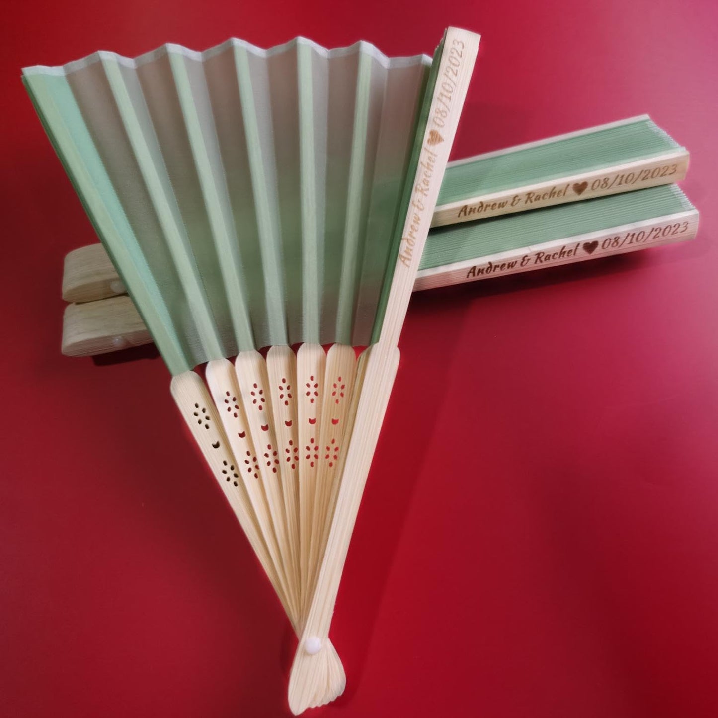 Personalized Wedding Fans Handheld Folding Fans(50Pcs) - Custom Engraved Green Silk Fans for Bridal Shower Favor/Baby Shower Favor, Birthdays Party Gifts/Gifts for Party Guests