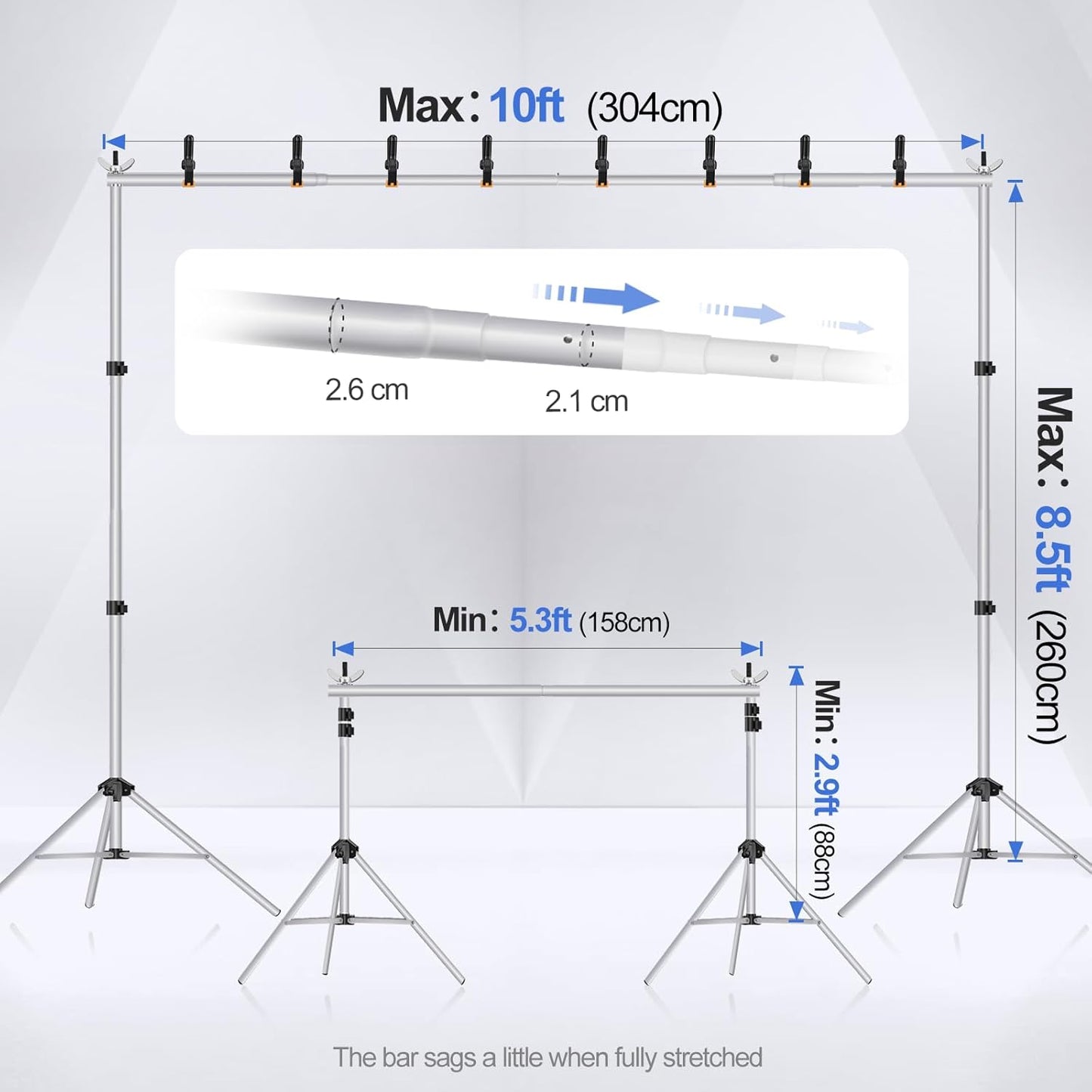 EMART Backdrop Stand 10x8.5ft(WxH) Photo Studio Adjustable Background Stand Support kit with 2 Crossbars, 8 Clamps, 2 Sandbags and Carry Bag for Parties, Events Decoration, Wedding, Photography-Silver