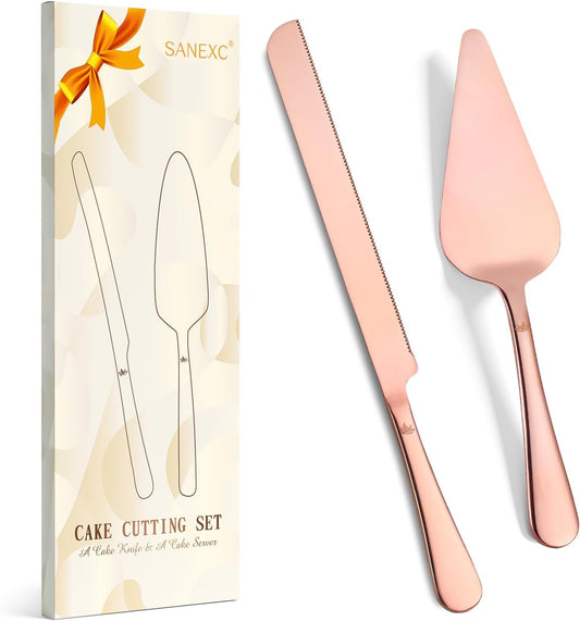 Cake Cutting Set for Wedding - Extended Cake Knife And Server Set Thickened Stainless Steel Cake Cutter and Pie Spatula Great for Birthday Anniversary Christmas Gift Rose Gold 2 Pcs