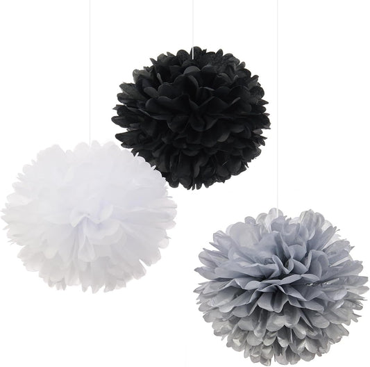 Tissue Pom Poms Tissue Paper Flowers Tissue Fluff Balls Party Decorations 12-Inch Pack of 12 (Black, White, Silver)