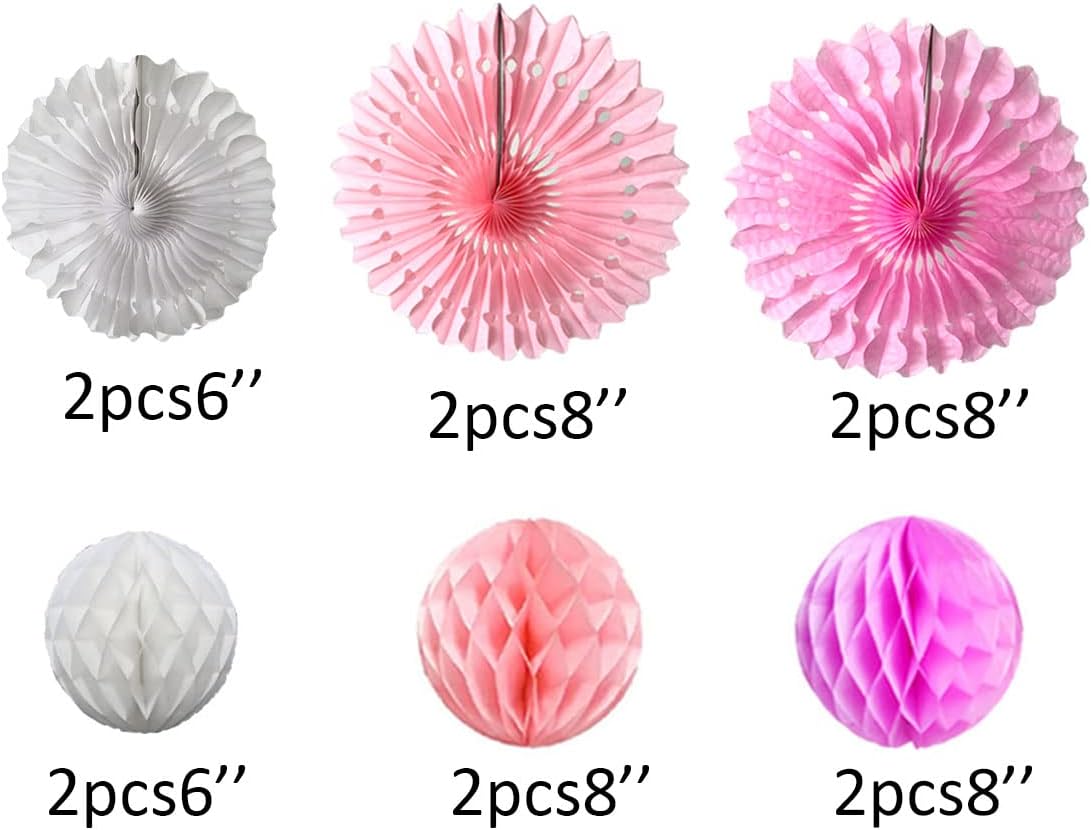 12pcs 6'' 8'' Honeycomb Balls Tissue Paper Fans Party Honeycomb Ball Fans Decorations Tissue Pom Poms Flower Balls Hanging Paper Fans for Party Baby Shower Birthday Wedding Nursery(White Pink kit)
