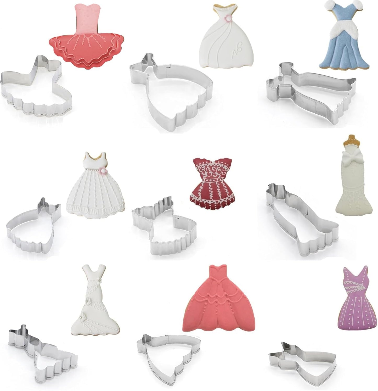 Mini Dress Cookie Cutter Set of 9 pcs, Stainless Steel Mini ONE-BITE SIZE Wedding Dress Shaped Fondant Cutters Baking Molds