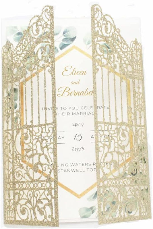 MillaSaw Glittery Gold Gate Laser Cut Invitation Card For Wedding Engagement Bridal Shower Quinceanera 25Pcs (4.9"x7.1", Gold)