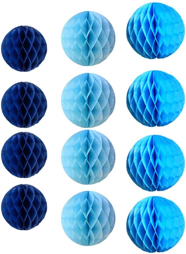 12pcs Party Honeycomb Balls Decorations 3'' 6'' 8'' Honeycomb Flower Tissue Pom Poms Flower Balls Hanging Flower Balls for Baby Shower Birthday Wedding Nursery Decor(3'' 6'' 8'' Blue kit)
