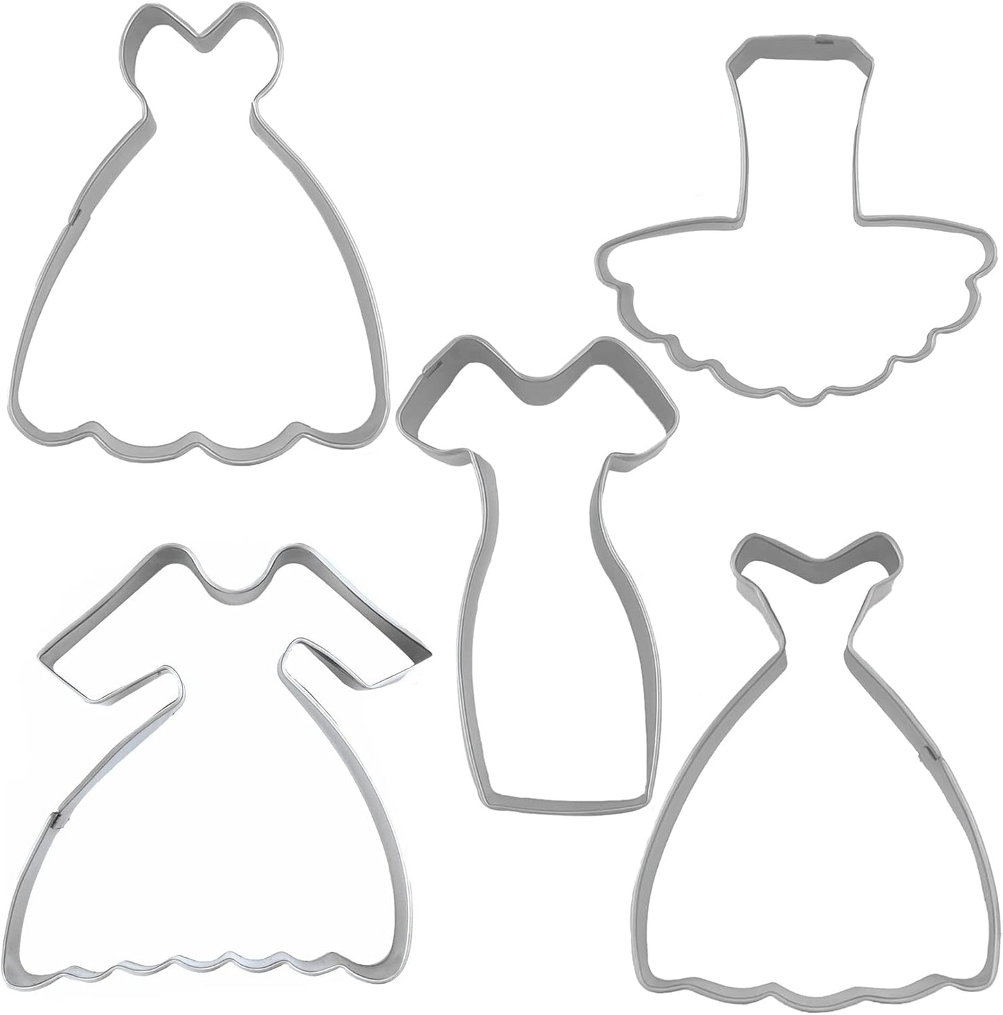 Dress Shaped Cookie Cutters Set of 5 pcs, Stainless Steel Wedding Princess Dress Fondant Cutter Molds Baking DIY