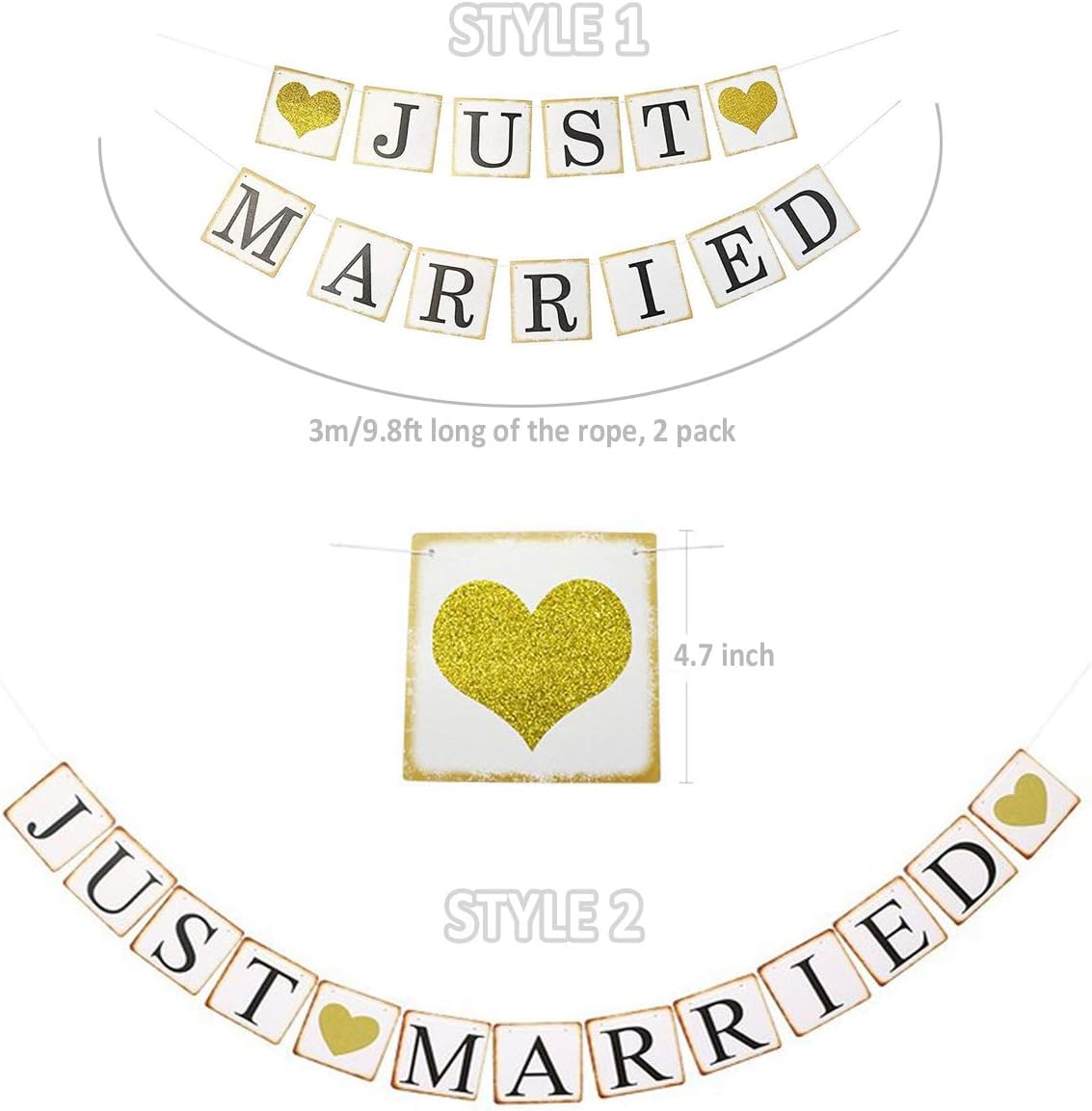 GuassLee JUST Married Banner Car Decorations, Gold Glitter Just Married Sign Garland for Bridal Shower Decorations, Photo Props and Car Decorations