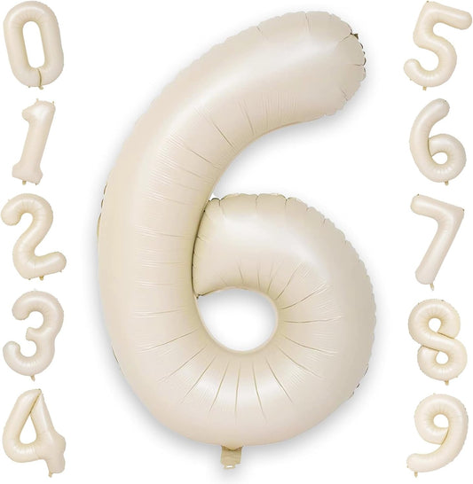 Cream Number Balloons 6, 40inch Large Beige Digital 6 Foil Helium Balloon for Girls Boys, Beige White Self Inflating Number Balloons 0-9 for Men Women Birthday Party Anniversary Decorations
