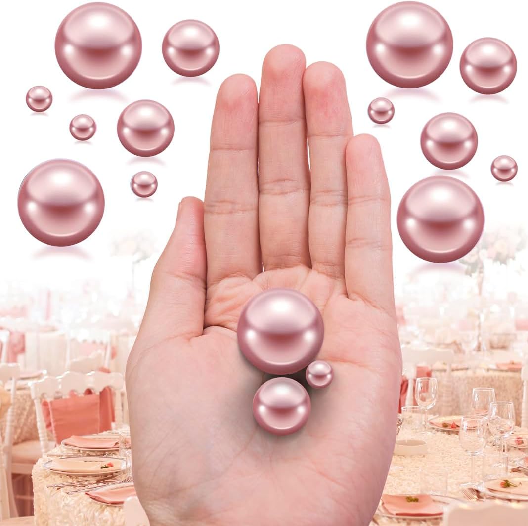 300Pcs Rose Gold Polished No Hole Faux Pearl Beads for Vase Filling Decorations, Plastic Pearls Vase Fillers, Table Scatters, Wedding Centerpiece, Home Decor, 8/14/20 mm