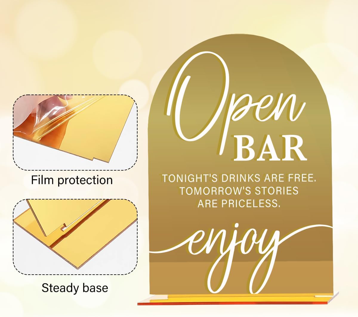 Acrylic Wedding Sign, Bridal Shower Decorations, Open Bar Sign for Ceremony, Modern Font Table Signs, Gold Mirror Arched Acrylic Tabletop Signs for Wedding Reception and Event Party