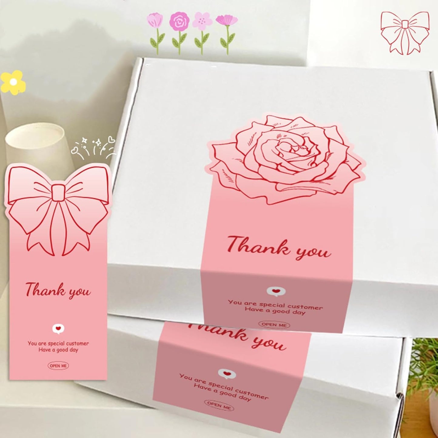 150Pcs Cute Pink Large Thank You Stickers,Bow Shaped Rose Gift Wrapping Decorations, Suitable for Gifts, Merchandise, Open Me Stickers, Large Labels, 4.72 x 2.36 inches.（Bow and Rose）