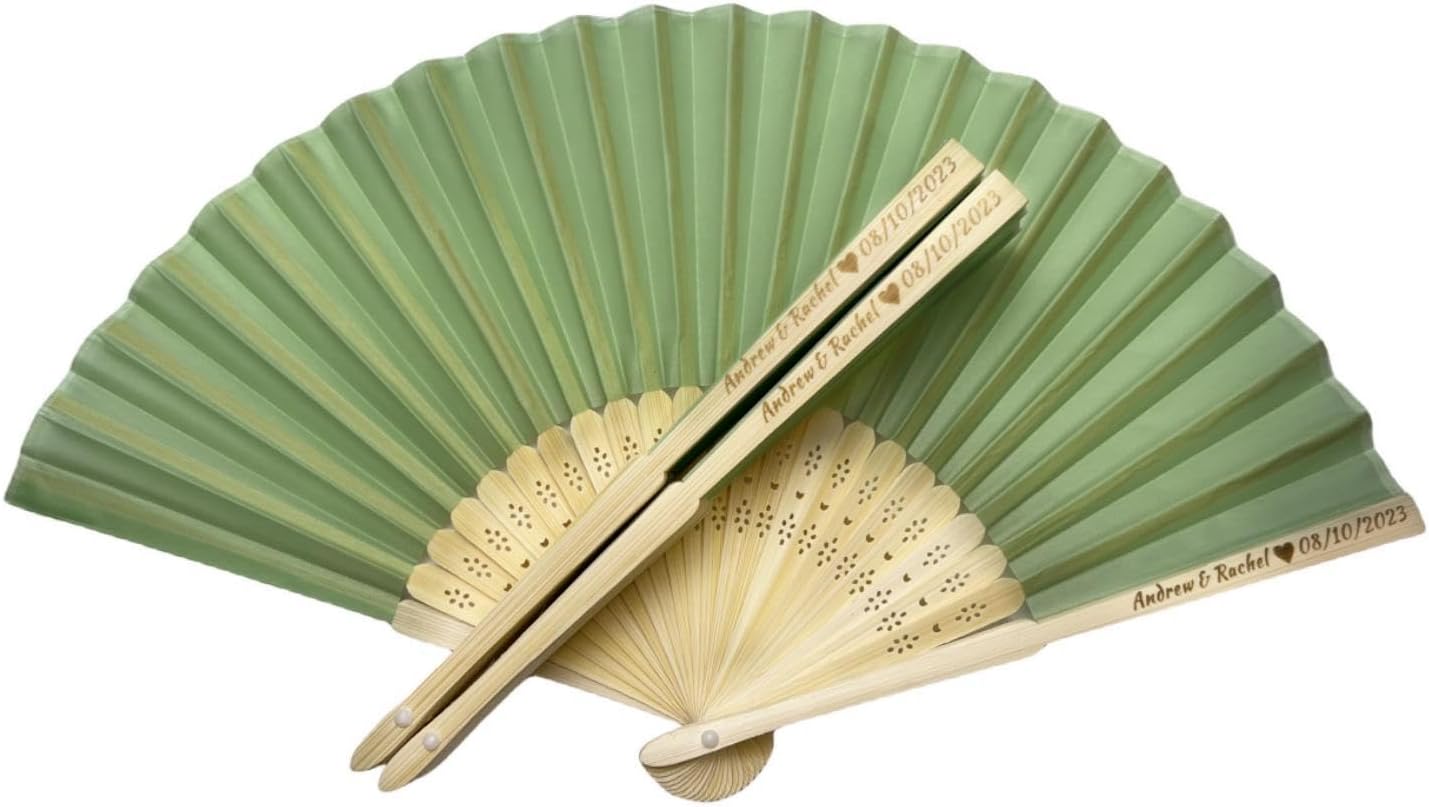 Personalized Wedding Fans Handheld Folding Fans (15Pcs) - Custom Engraved Green Silk Fans for Bridal Shower Favor/Baby Shower Favor, Birthdays Party Gifts/Gifts for Party Guests
