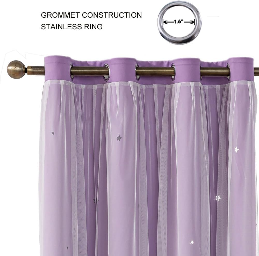Ombre Rainbow Blackout Curtains for Kid Girls Bedroom Living Room Darking Stripe Double Layer Star Cut Out Wall Home Decor Gradient Grommet Window Curtains (Purple 95L)