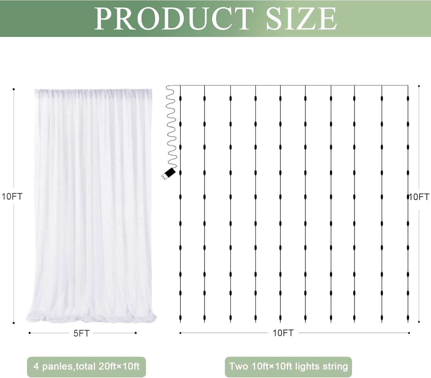 Tulle Backdrop Curtain with Lights String 20 X 10FT White Sheer Tulle Backdrop Curtains for Wedding Birthday Party Reception Photo Booth Background Decorations (4 Panels 5x10FT)