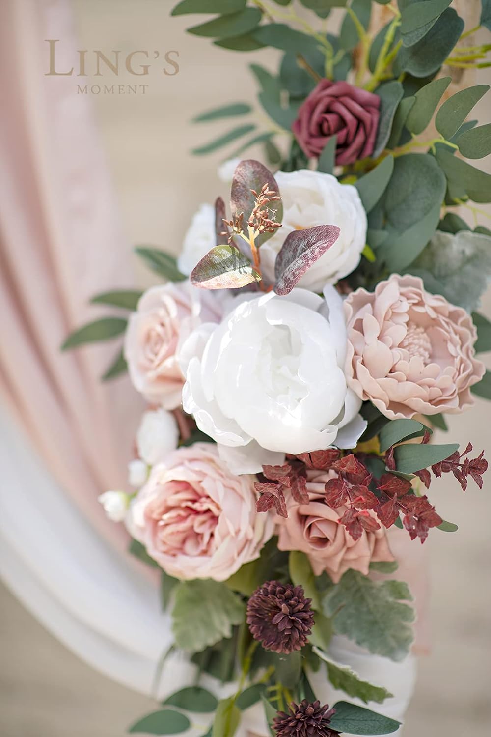 Ling's Moment Pink Mauve Artificial Wedding Arch Flowers Kit Pack of 4, 2pcs Hanging Flower Arrangement 2pcs Chiffon Drapes Spring Ceremony Reception Fake Rose Arbor Backdrop Floral Outdoor Decor