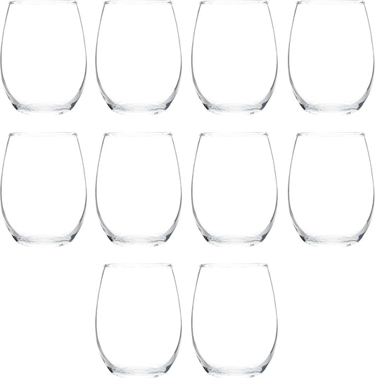 DISCOUNT PROMOS Stemless Wine Glass 9 oz. Set of 10, Bulk Pack - Great for Wedding Favors, Bachelorette Party and More - Clear Bottom Color